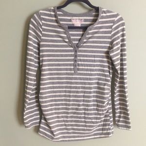 Maternity long sleeve gray & white striped henley